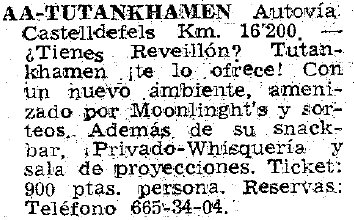 Anuncio de la verbena de fin de a�o de la Discoteca Tutankhamen de Gav� Mar publicado en el diario LA VANGUARDIA (25 de Diciembre de 1977)